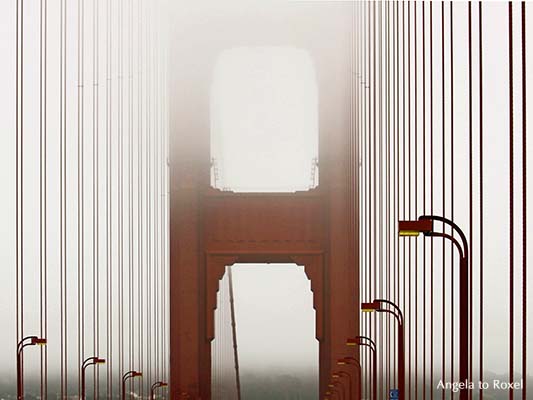 Architektur Bilder kaufen: mist! Golden Gate Bridge im Nebel, Blick auf den Brückenpfeiler, die Straßenlaternen der Golden Gate Brücke, San Francisco