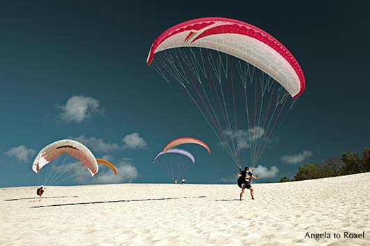 Fünf Paraglider auf der Dune du Pilat beim Küstenstart, Gleitschirmfliegen auf der Düne, Arcachon, Nouvelle-Aquitaine - Frankreich 2012