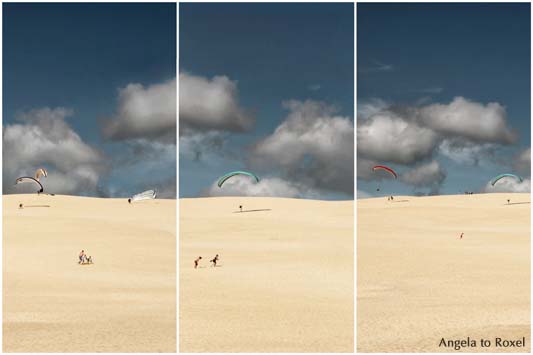 Sechs Paraglider beim Küstenstart auf der Dune du Pilat, Dune du Pyla, vorne Passanten,  Aquitanien