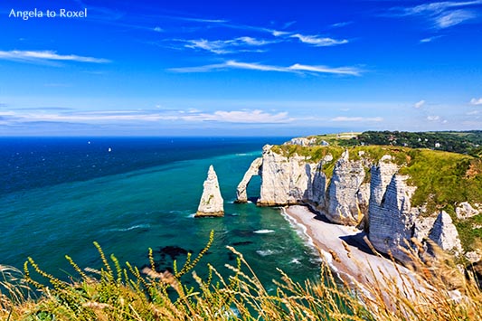 Die Kreidefelsen von Étretat mit dem Felsentor Port d'Aval und der Felsnadel Aiguille von oben, Côte d'Albâtre, Normandie