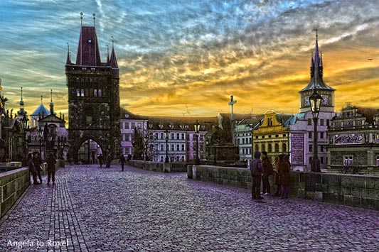 People standing on Charles Bridge by the break of dawn, HDR, tone mapping, surreal look - Prague in winter