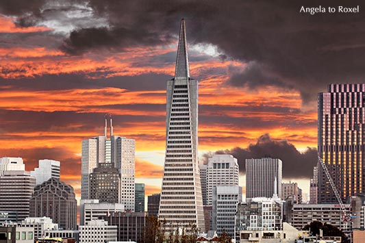 Architektur Bilder kaufen: City of lights, die Skyline von San Francisco mit der Transamerica Pyramid, Wall Street of the West, Sonnenuntergang