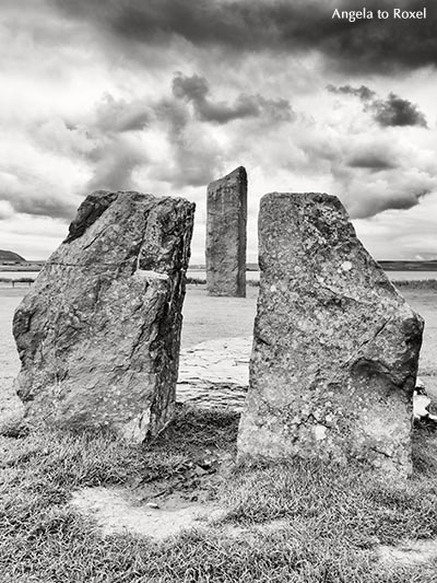 Neolithic monument five miles northeast of Stromness on the mainland of Orkney, black and white - Scotland