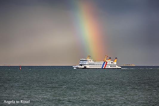 Fotografie: Regenbogenland - Fähre der Wyker Dampfschiffs-Reederei Föhr-Amrum GmbH im Wattenmeer auf dem Weg nach Wyk, dahinter ein großer Regenbogen