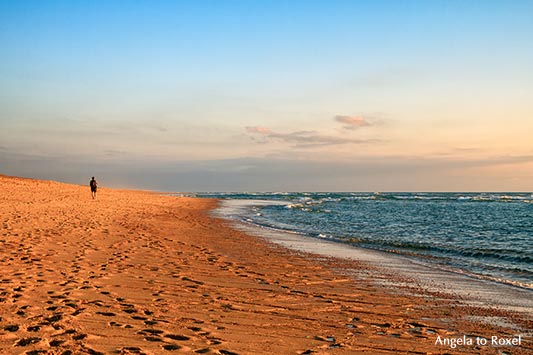 Mann geht am Strand bei Sonnenuntergang, Silberküste am Abend, Côte d'Argent, Soorts-Hossegor, Nouvelle-Aquitaine - Frankreich 2012