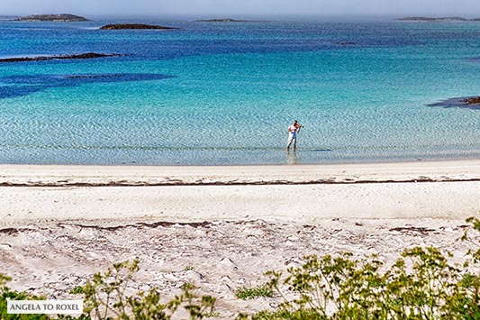 Geigenspieler an einem einsamen Strand auf den Vesterålen, steht im türkisfarbenen Wasser des Nordmeeres, Andenes auf der Insel Andøya, Norwegen 2014