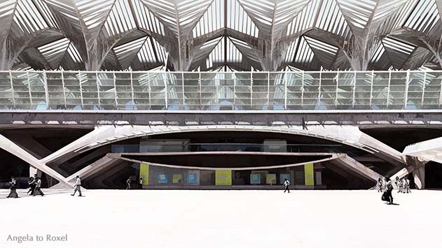 Fotografie: Calatravas Welt - Passanten vor dem Bahnhof Lissabon Oriente, Estação do Oriente, Architekt Santiago Calatrava, abstrakt - Portugal 2016