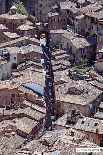 Die Dächer der roten Stadt Sienna aus der Vogelperspektive, analoge Fotografie, Italien 2002 | Architektur Bilder kaufen - Angela to Roxel